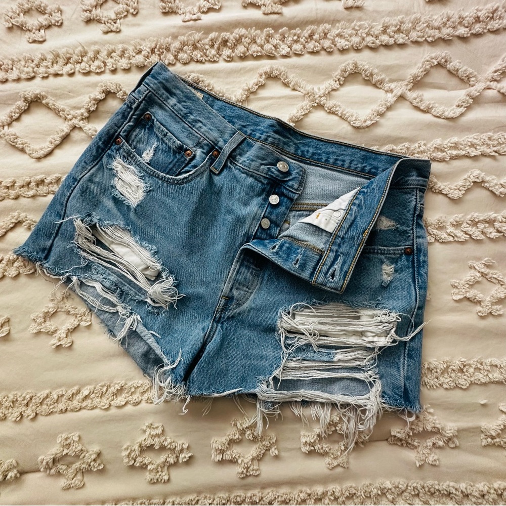 Levi’s Distressed Blue Button Fly Shorts